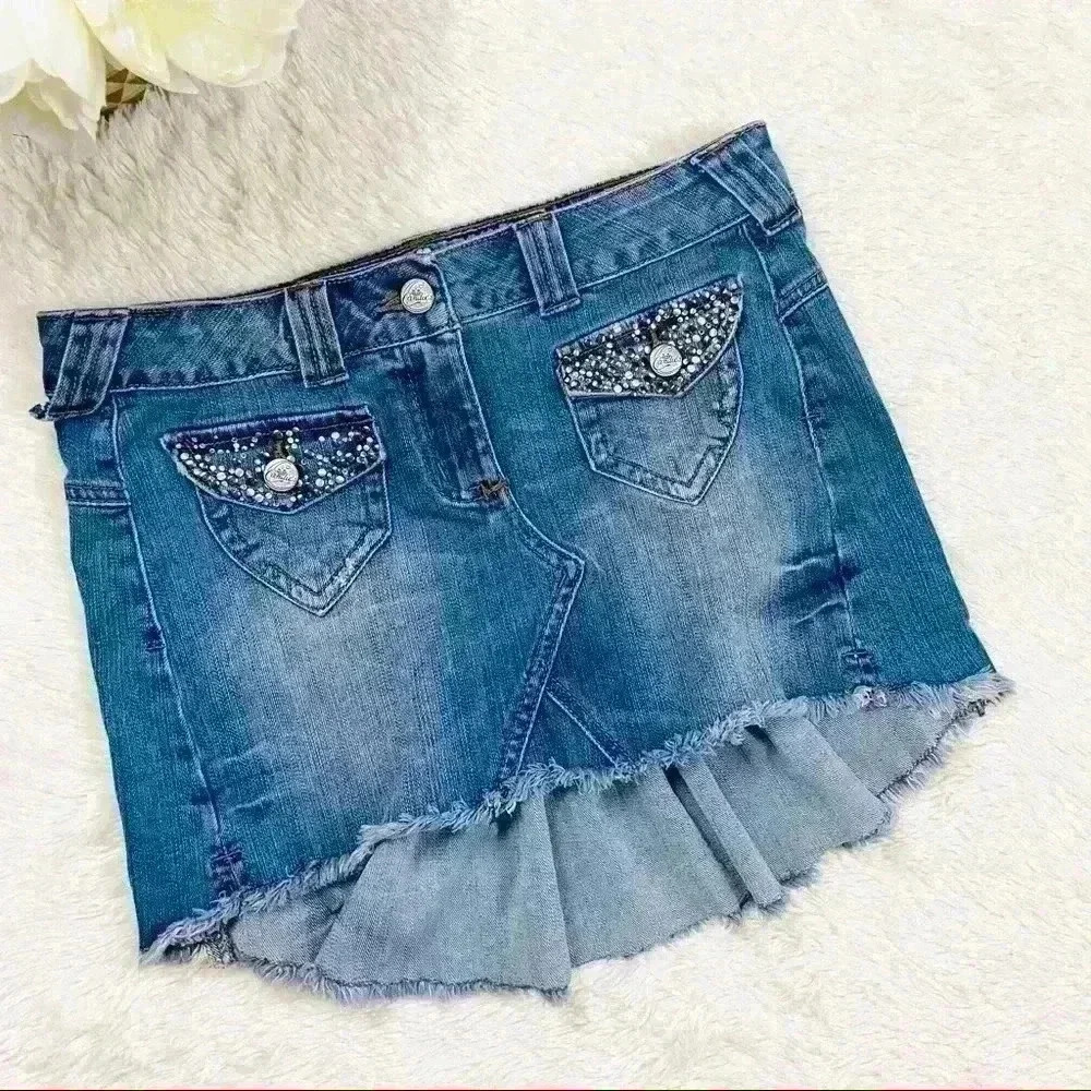 Candies Denim High Low Embellished Mini Jean Skirt